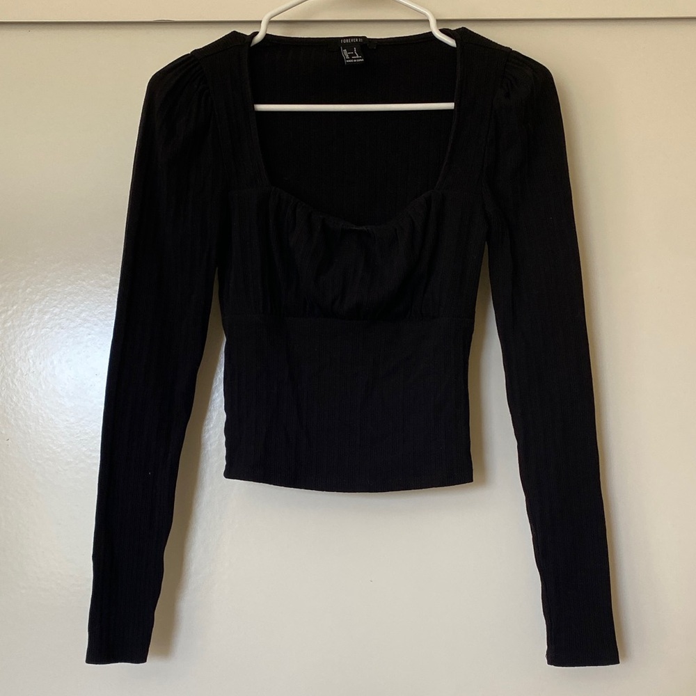 Forever 21 Black Ribbed Long-Sleeve Square Neck Top